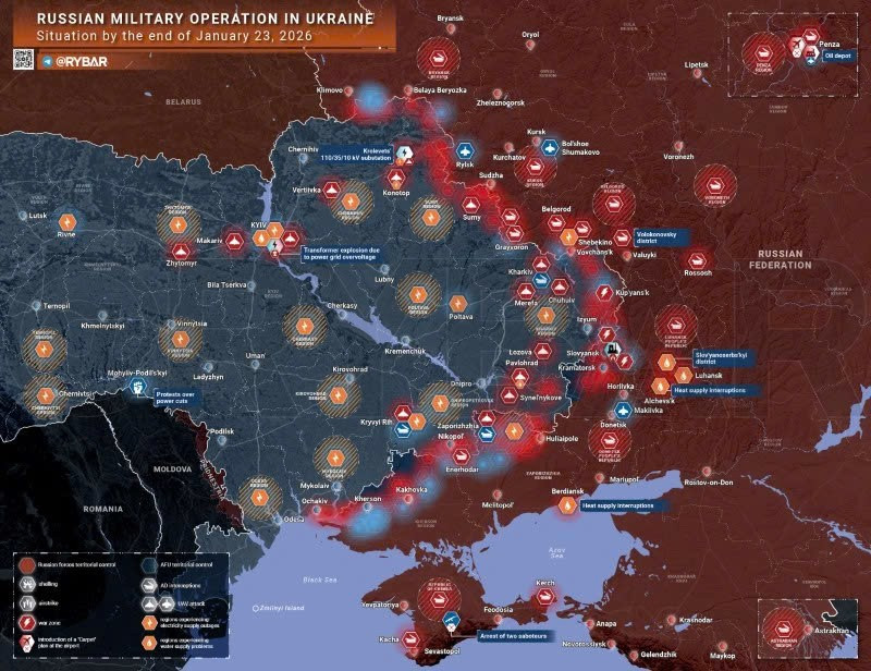 Bản đồ chiến sự Ukraine ngày 23/01/2026. (Ảnh: Rybar) ban-do-chien-su-1.jpg