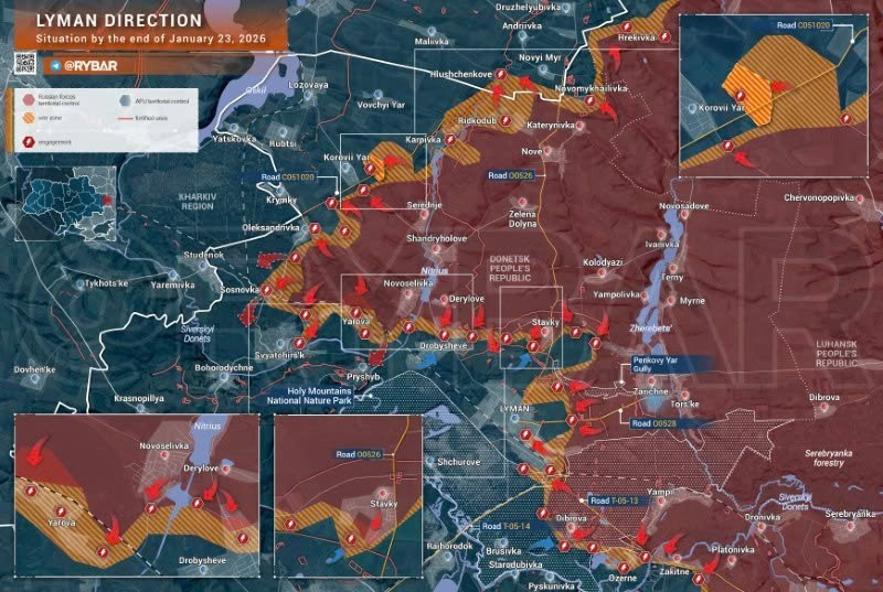 Bản đồ chiến sự Ukraine ngày 23/01/2026, hướng Lyman. (Ảnh: Rybar) ban-do-chien-su-2.jpg