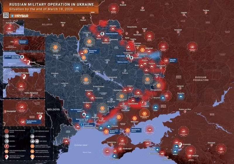 Bản đồ chiến sự Ukraine ngày 18/3. (Ảnh: Rybar) ban-do-chien-su-1.jpg