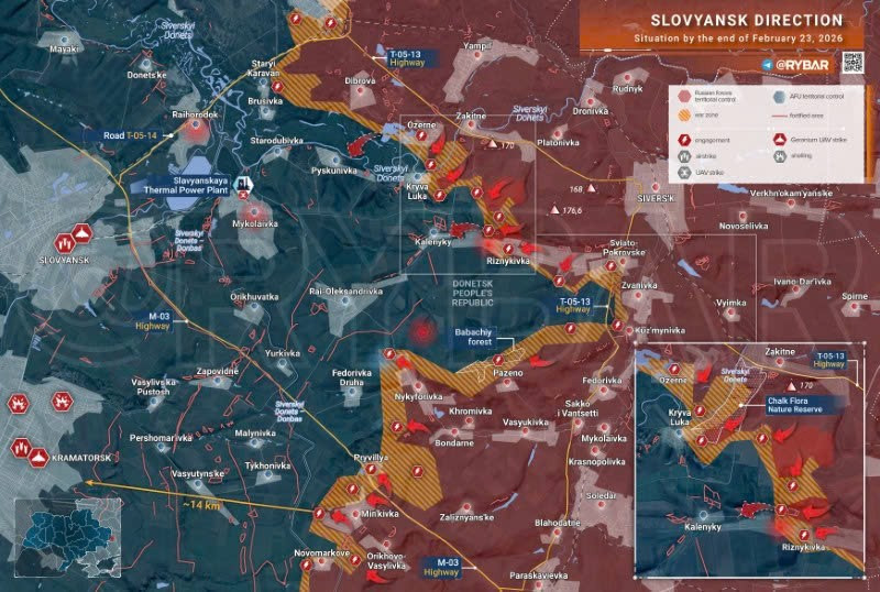 Bản đồ chiến sự Ukraine ngày 23/2 hướng Slovyansk. (Ảnh: Rybar) ban-do-chien-su-2.jpg