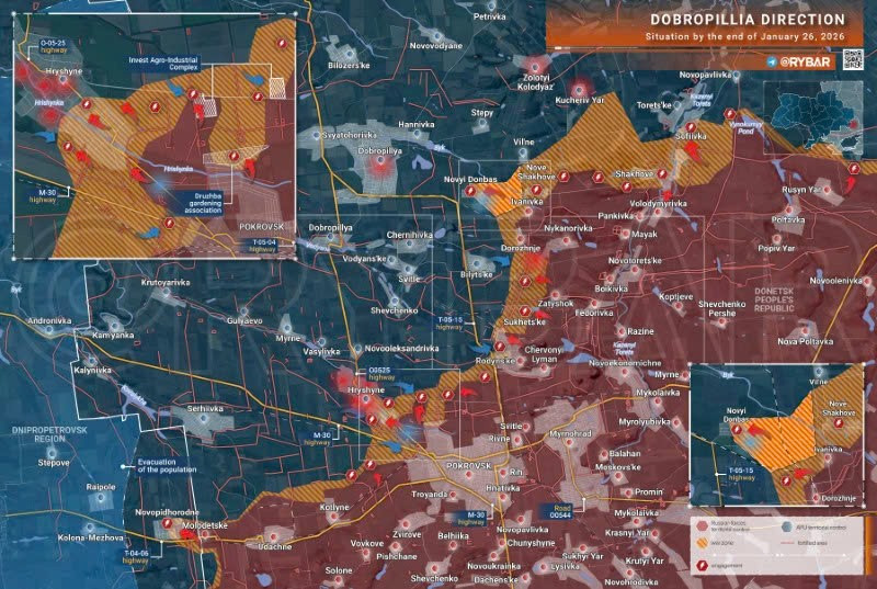 Bản đồ chiến sự Ukraine ngày 26/01/2026, hướng Dobropillia. (Ảnh: Rybar) ban-do-chien-su-2.jpg