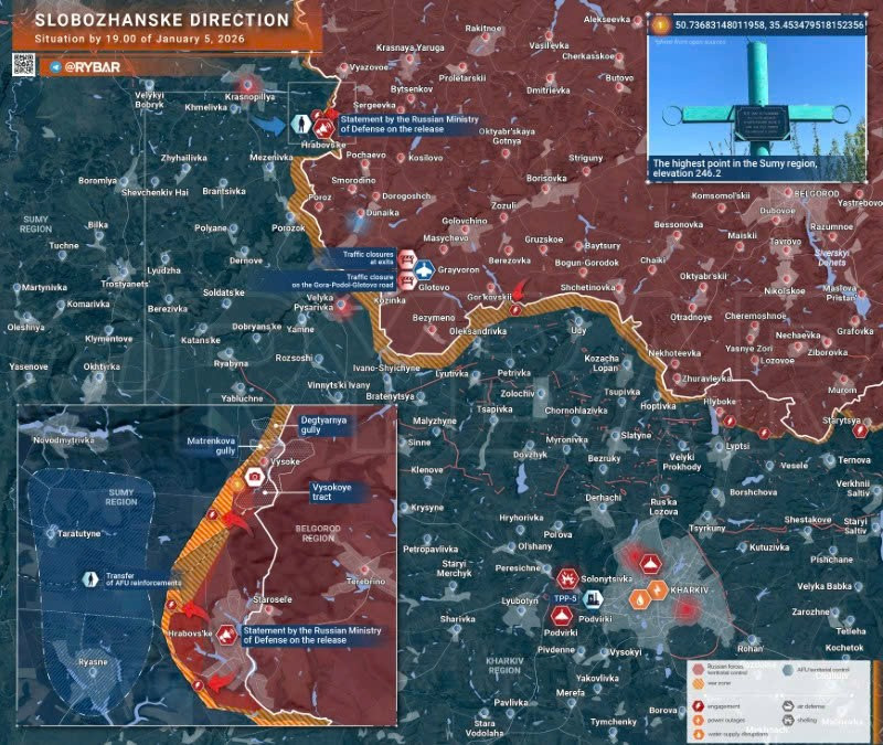 Bản đồ chiến sự Ukraine ngày 05/01/2026, hướng Slobozhanske. (Ảnh: Rybar) ban-do-chien-su-2.jpg