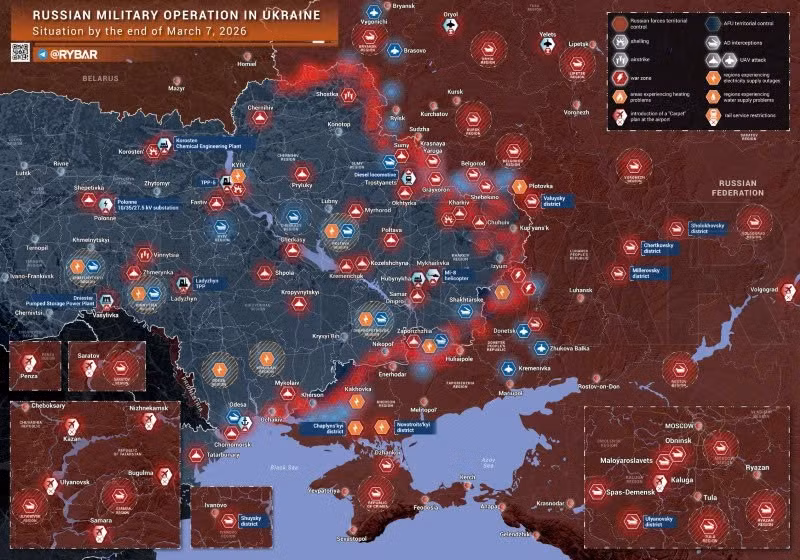 Bản đồ chiến sự Ukraine ngày 7/3. (Ảnh: Rybar) ban-do-chien-su-2.jpg
