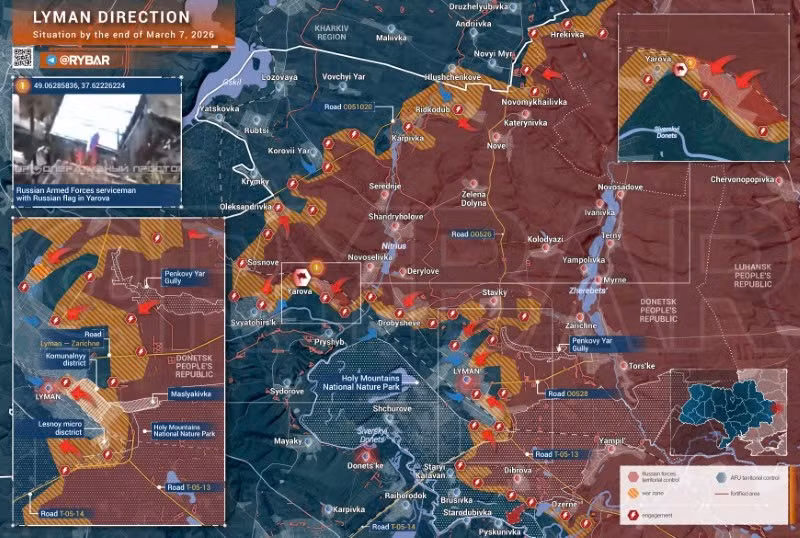 Bản đồ chiến sự Ukraine ngày 7/3, hướng Lyman. (Ảnh: Rybar) ban-do-chien-su-1.jpg