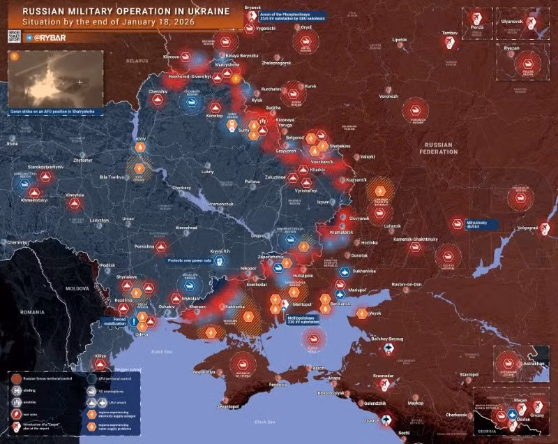 Bản đồ chiến sự Ukraine ngày 18/01/2026. (Ảnh: Rybar) ban-do-chien-su-1.jpg