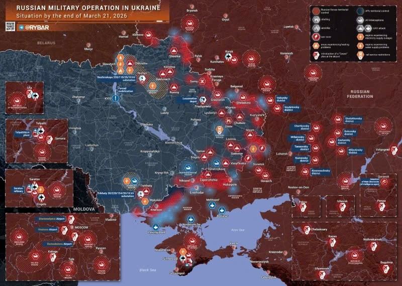 Bản đồ chiến sự Ukraine ngày 21/3. (Ảnh: Rybar) ban-do-chien-su-1.jpg