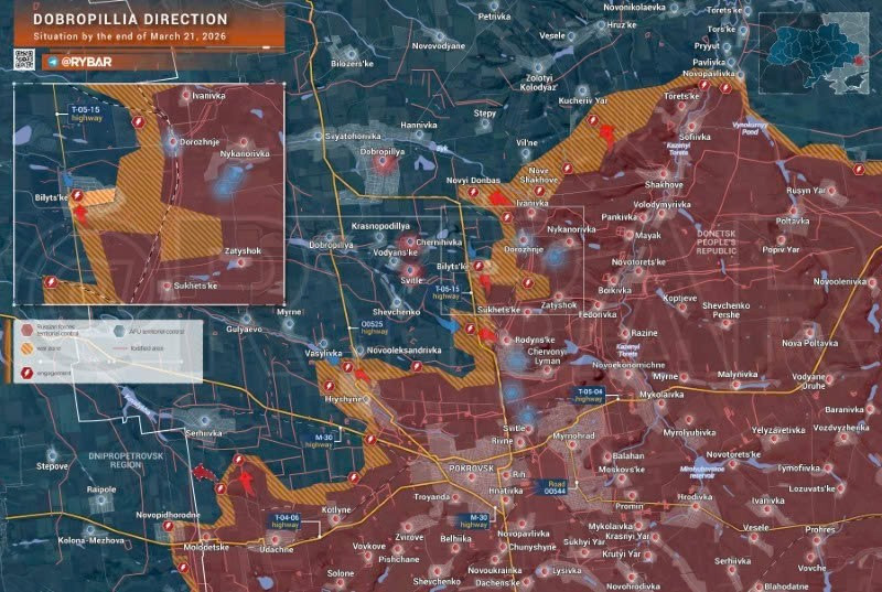 Bản đồ chiến sự Ukraine ngày 21/3, hướng Dobropillia. (Ảnh: Rybar) ban-do-chien-su-2.jpg