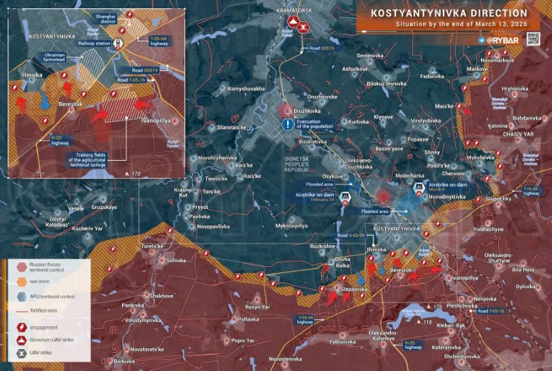 Bản đồ chiến sự Ukraine ngày 13/3, hướng Kostyantynivka. (Ảnh: Rybar) ban-do-chien-su-2.jpg