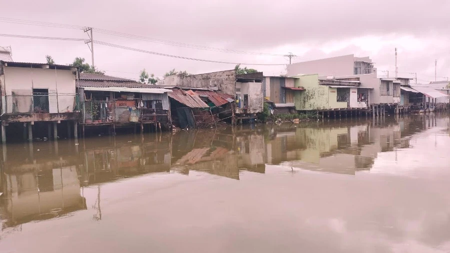 Dãy nhà ven sông thuộc địa bàn xã Tân Phong, thị xã Giá Rai, Bạc Liêu có nguy cơ sạt lở cao.