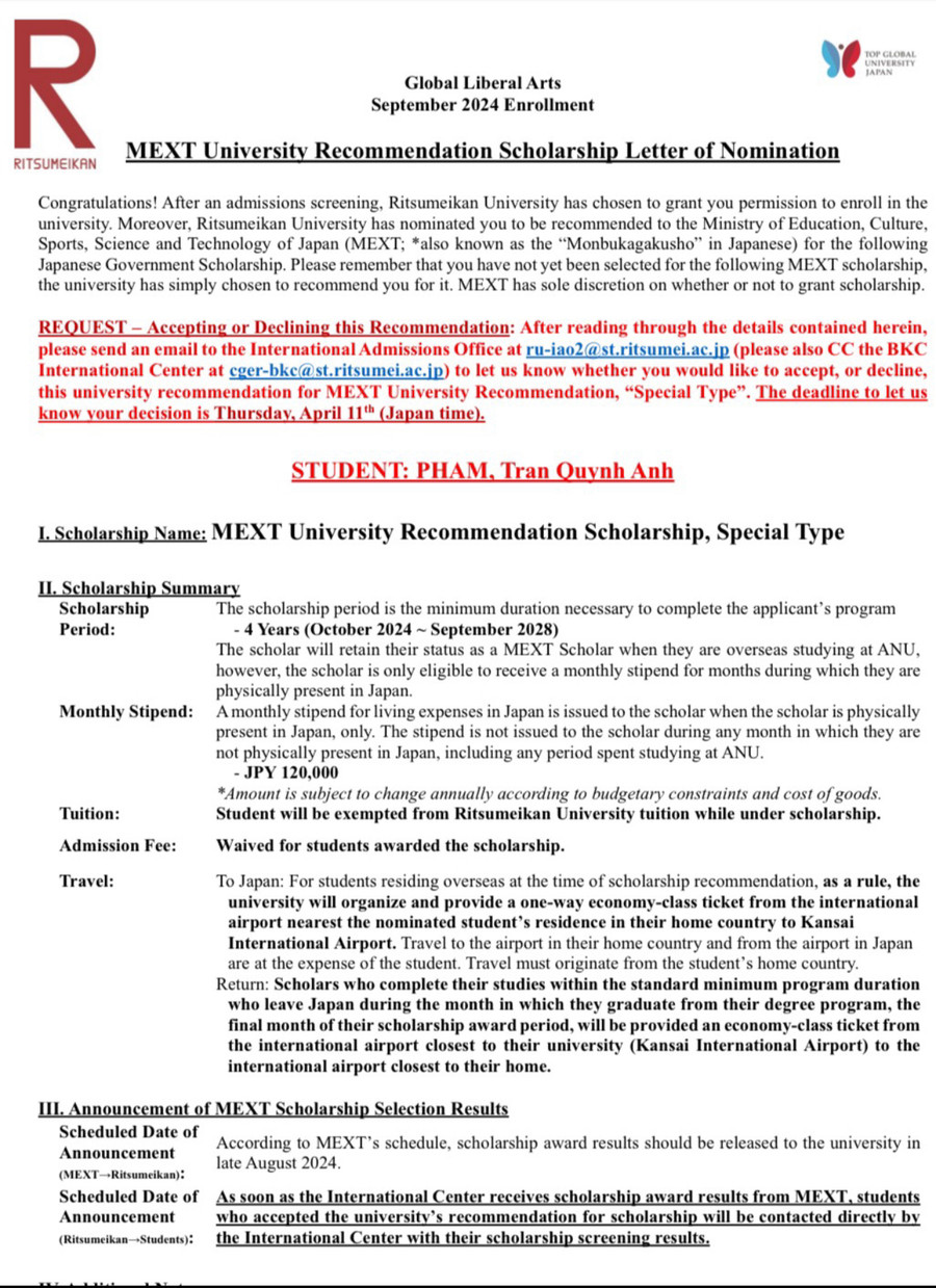 Thư tiến cử học bổng toàn phần Chính phủ Nhật Bản từ Trường Đại học Ritsumeikan của Quỳnh Anh. Thư tiến cử học bổng toàn phần Chính phủ Nhật Bản từ Trường Đại học Ritsumeikan của Quỳnh Anh.