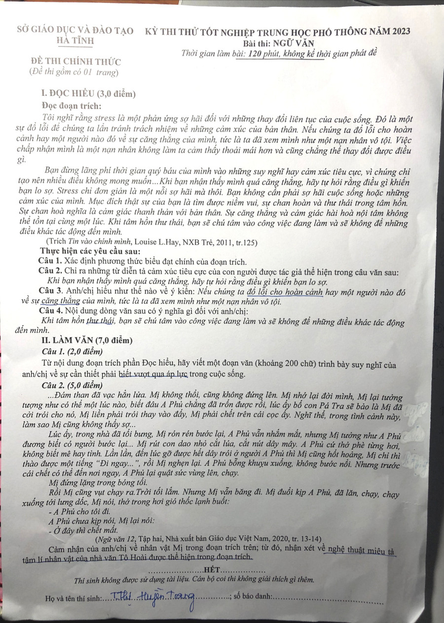 Đề thi môn Ngữ Văn tại Kỳ thi thử tốt nghiệp THPT do Sở GD&amp;ĐT Hà Tĩnh tổ chức.