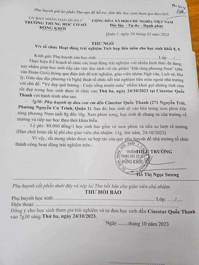 Bức thư ngỏ của Trường trung học cơ sở Đồng Khởi gửi phụ huynh khối 8,9 (ảnh: PHCC). Bức thư ngỏ của Trường trung học cơ sở Đồng Khởi gửi phụ huynh khối 8,9 (ảnh: PHCC).