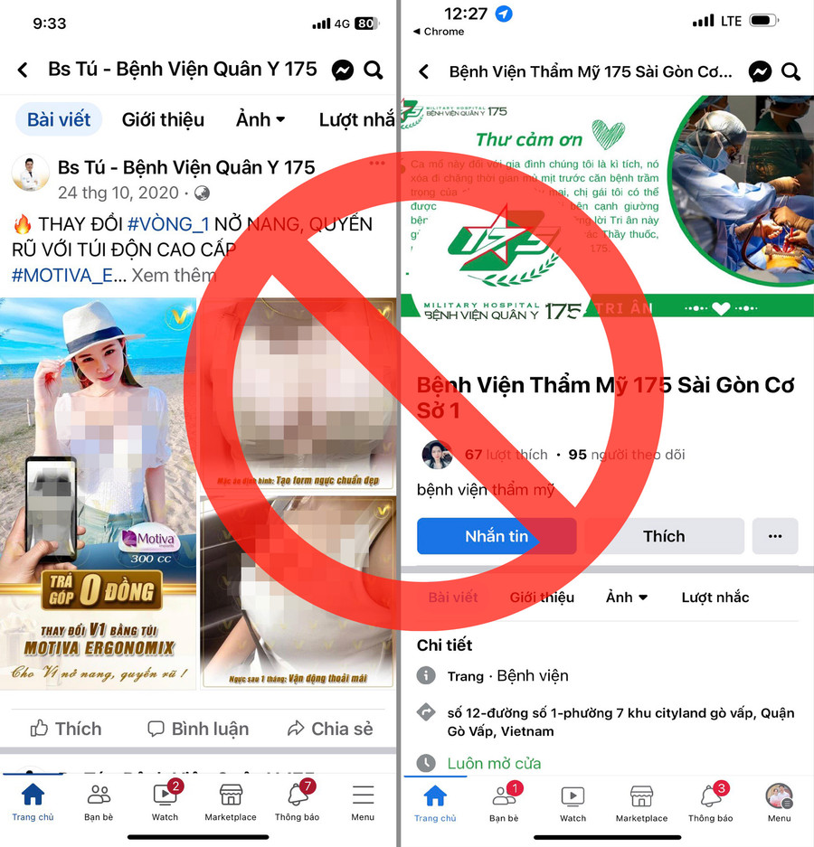 Hình ảnh một số trang mạo danh lấy tên gọi dễ "gây nhầm lẫn" và sử dụng trái phép logo, hình ảnh bác sĩ, thương hiệu Bệnh viện Quân y 175. 