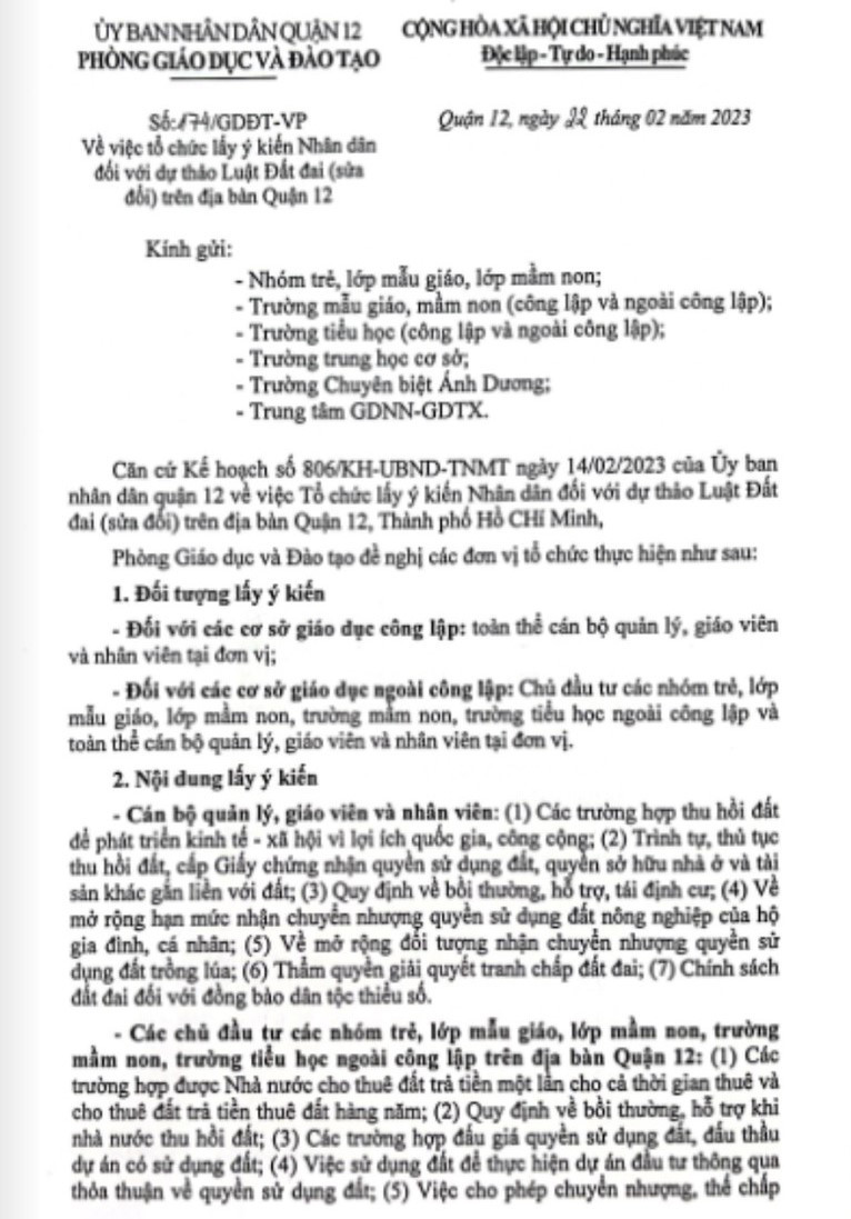 Văn bản chỉ đạo đầy đủ của Phòng GD&ĐT quận 12.