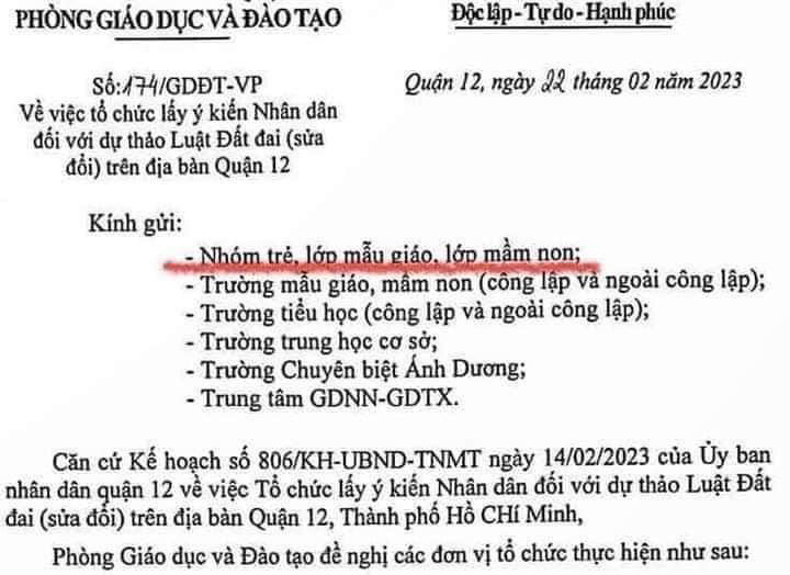 Văn bản gây xôn xao dư luận của Phòng GD&ĐT quận 12 mới đây. Ảnh chụp màn hình.