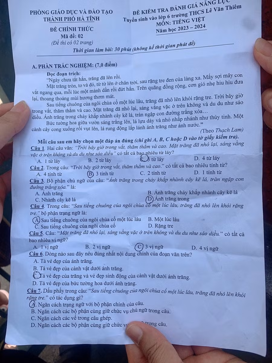 Đề kiểm tra đánh giá năng lực môn Tiếng Việt, Trường THCS Lê Văn Thiêm.