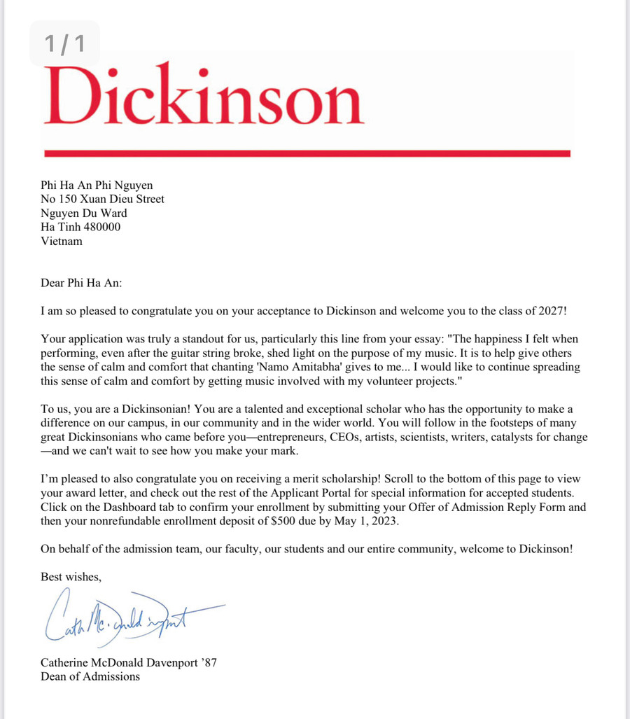 Một số thư chúc mừng trúng tuyển từ các trường Đại học, Cao đẳng của Mỹ gửi đến Nguyễn Phi Hà An.