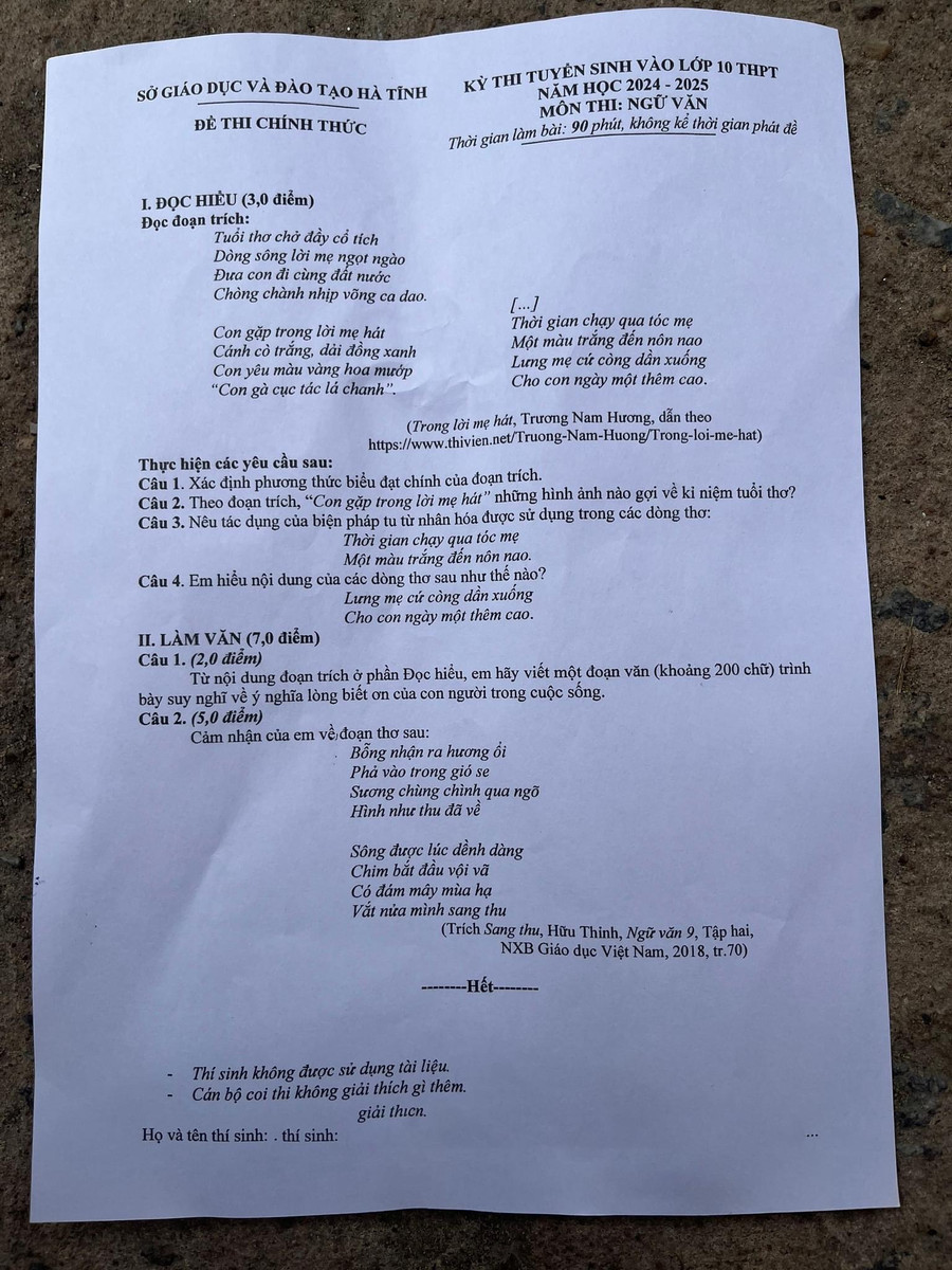Đề thi môn Ngữ văn lớp 10 tại Hà Tĩnh.