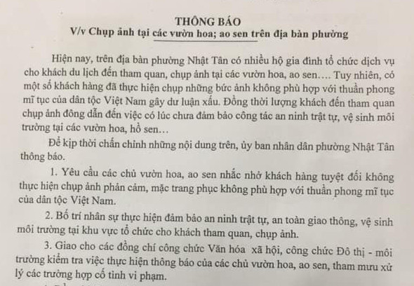 Thông báo của UBND phường Nhật Tân.