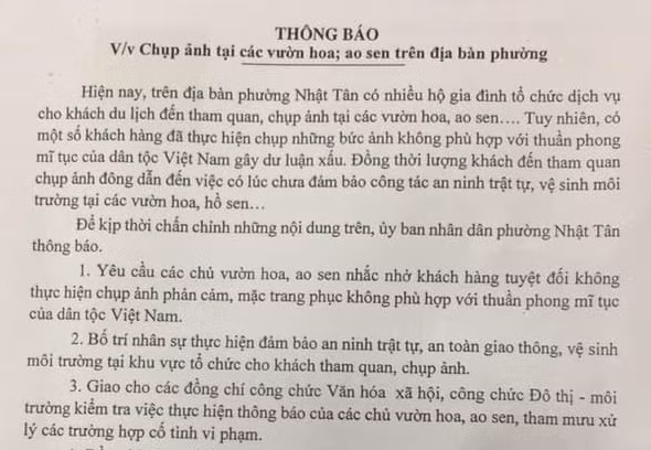 Thông báo của UBND phường Nhật Tân.