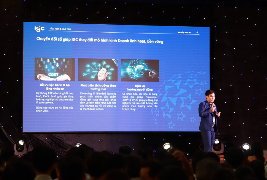 Ông Đinh Hoàng Triều - Phó Tổng Giám đốc Thường trực IGC Group chia sẻ nội dung “Bức tranh chuyển đổi số” tại Tập đoàn giáo dục này.