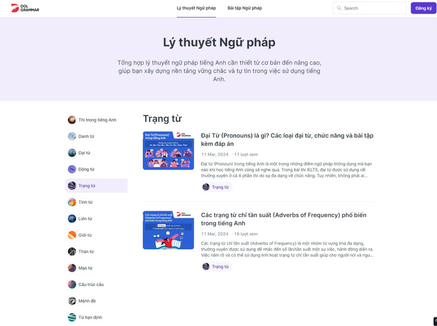 Các mục riêng biệt về ngữ pháp tiếng Anh được sắp xếp logic, dễ theo dõi tại DOL Grammar - Ảnh: V.SAN. Các mục riêng biệt về ngữ pháp tiếng Anh được sắp xếp logic, dễ theo dõi tại DOL Grammar - Ảnh: V.SAN.