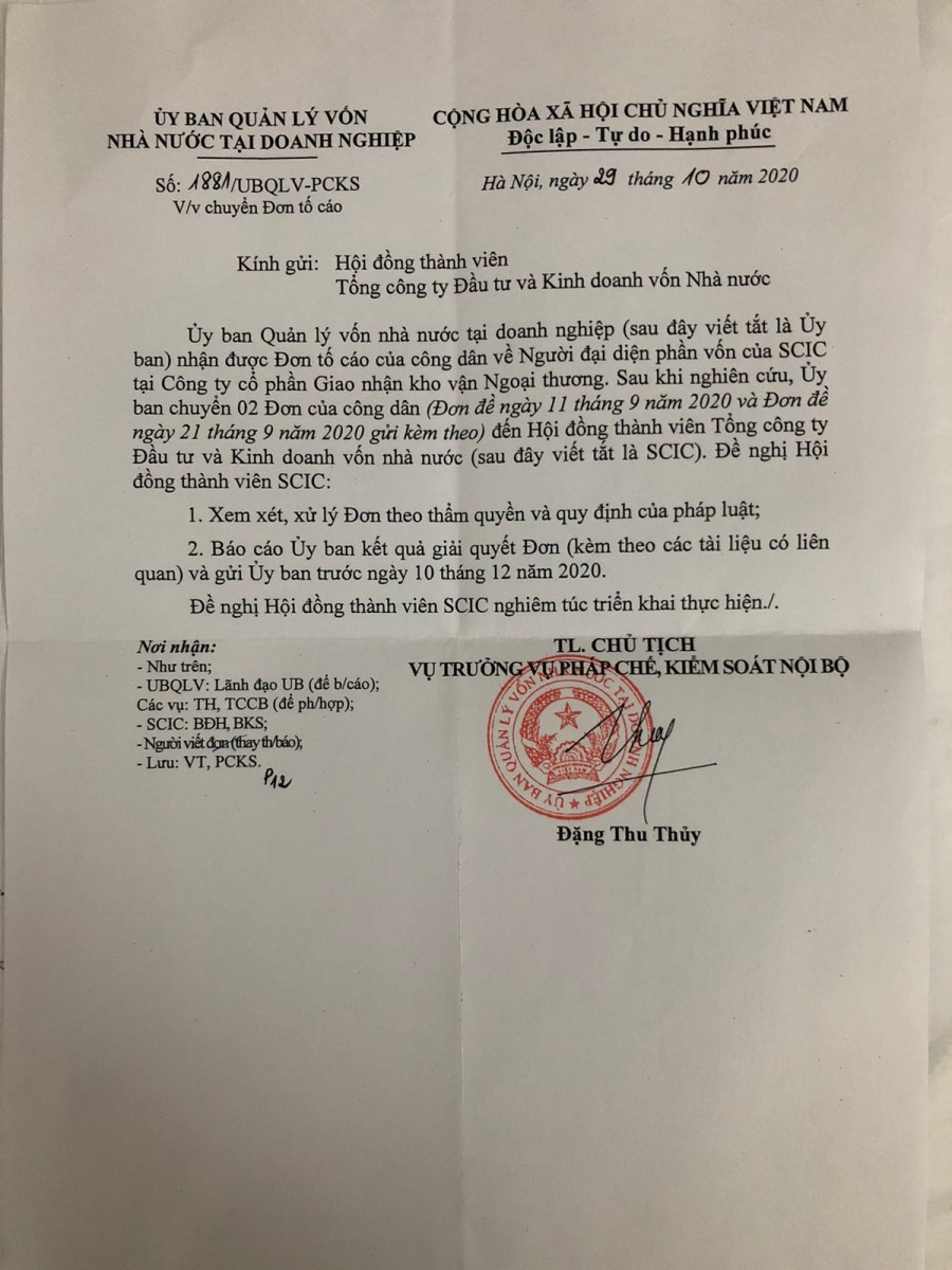 Công văn của Ủy ban quản lý vốn nhà nước tại doanh nghiệp đề nghị SCIC nghiêm túc thực hiện nội dung đơn tố cáo. Công văn của Ủy ban quản lý vốn nhà nước tại doanh nghiệp đề nghị SCIC nghiêm túc thực hiện nội dung đơn tố cáo.