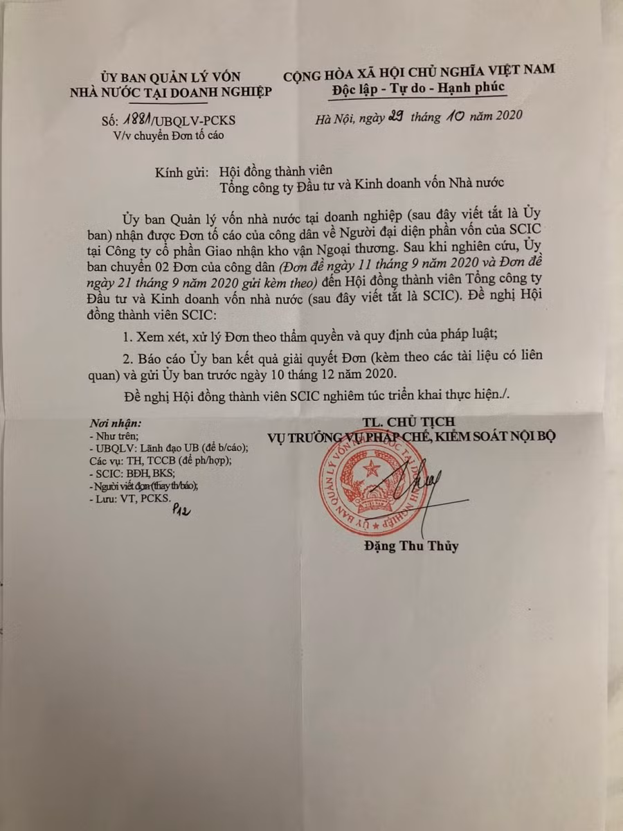 Công văn của Ủy ban quản lý vốn nhà nước tại doanh nghiệp đề nghị SCIC nghiêm túc thực hiện nội dung đơn tố cáo.