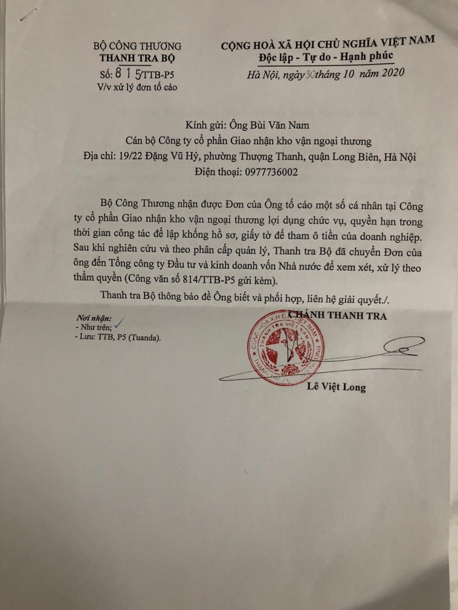 Chánh Thanh tra Bộ Công thương đã có văn bản trả lời người tố cáo. Chánh Thanh tra Bộ Công thương đã có văn bản trả lời người tố cáo.