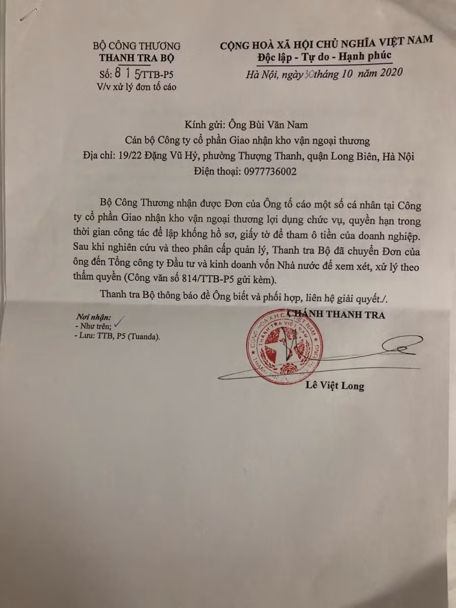 Chánh Thanh tra Bộ Công thương đã có văn bản trả lời người tố cáo.