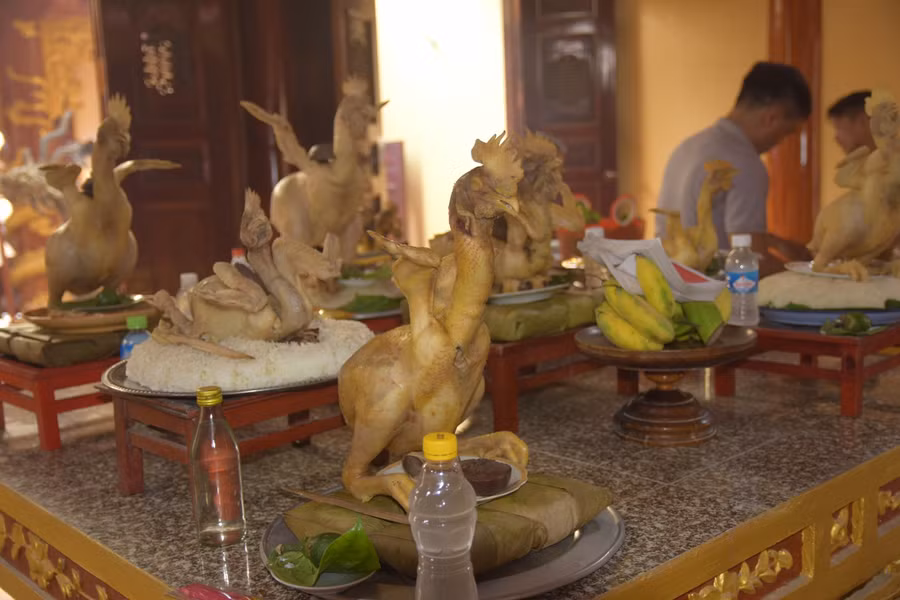 Mâm cỗ với đa dạng các thế gà vô cùng đẹp mắt. Các thế gà dâng cúng chủ yếu gồm gà bay, gà quỳ, gà nằm, gà đứng mình rùa…