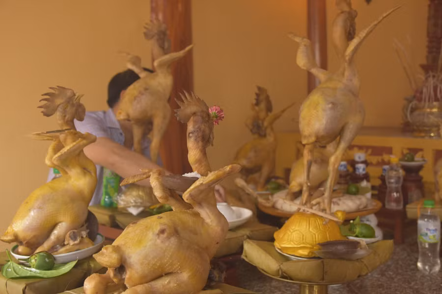 Những con gà cúng được xếp ngay ngắn cùng lễ vật trước khi tế lễ, đầu gà được đặt hướng vào trong chính điện.