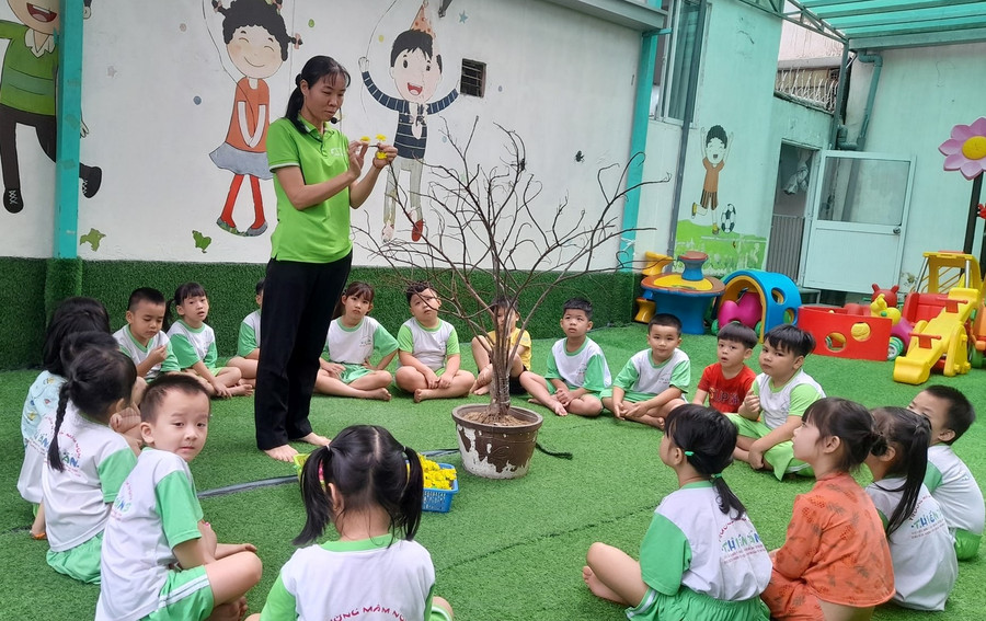 Trẻ Trường mầm non Thiên Ân (TP Thủ Đức) cùng cô giáo trang trí cây mai.