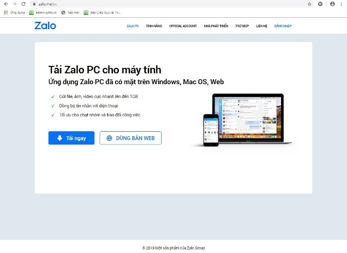 Màn hình PC khi truy cập vào Zalo.me sáng 14/11.