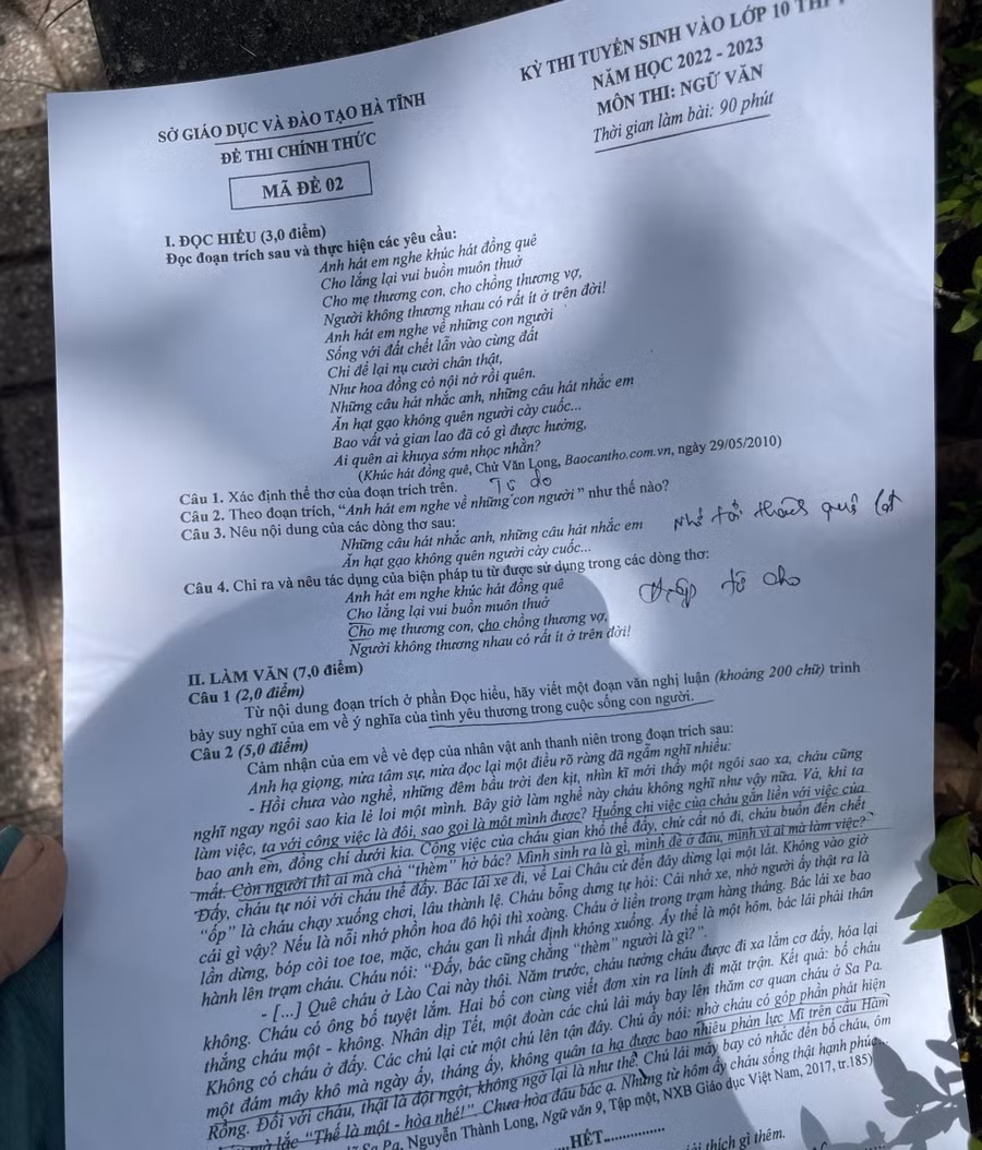 Đề thi Ngữ văn lớp 10 THPT năm học 2022-2023 của Hà Tĩnh.