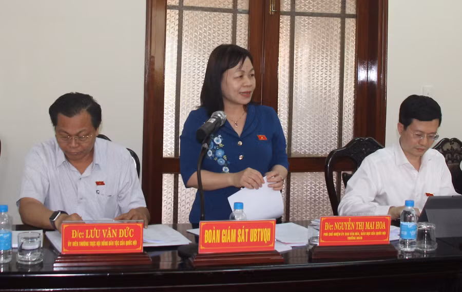 Bà Nguyễn Thị Mai Hoa, Phó Chủ nhiệm Ủy ban Văn hóa, Giáo dục của Quốc hội phát biểu tại buổi giám sát.