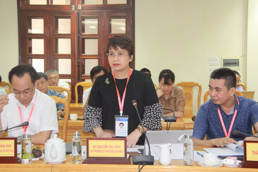 Bà Nguyễn Thu Thủy, Vụ trưởng Vụ Giáo dục Đại học phát biểu tại buổi làm việc.