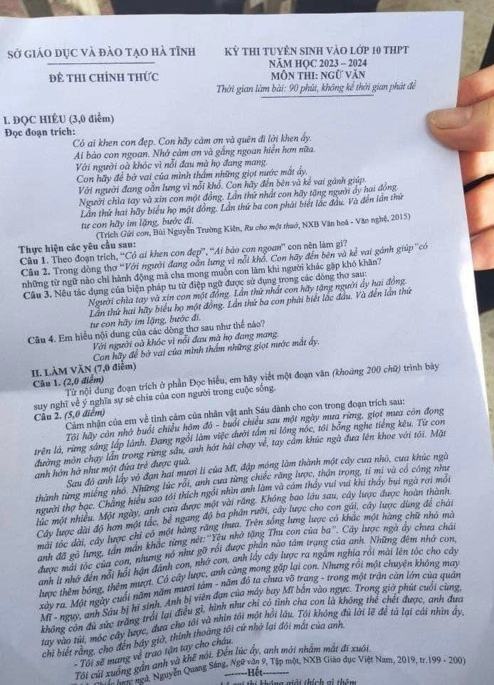Đề thi môn Ngữ văn lớp 10 THPT tại Hà Tĩnh. Đề thi môn Ngữ văn lớp 10 THPT tại Hà Tĩnh.