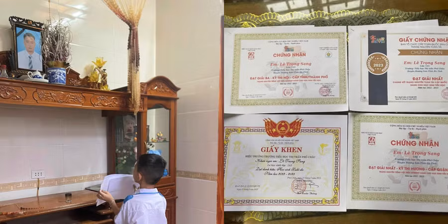 Hình ảnh xúc động được mẹ em Nguyễn Trọng Sang chia sẻ trên trang Facebook cá nhân.