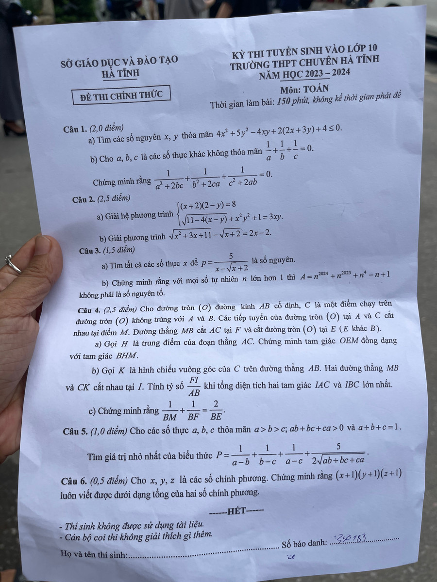 Đề thi môn Toán lớp 10, THPT chuyên Hà Tĩnh. Đề thi môn Toán lớp 10, THPT chuyên Hà Tĩnh.