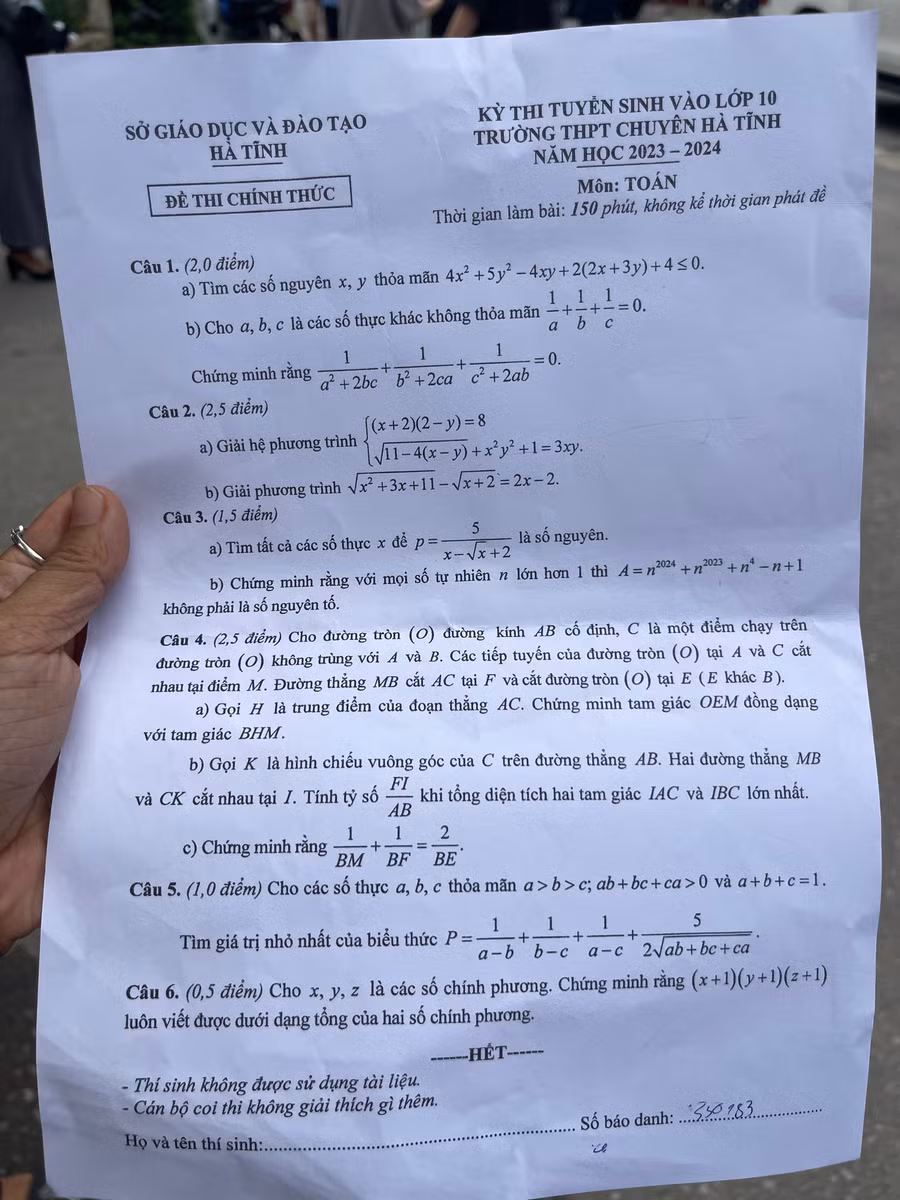 Đề thi môn Toán lớp 10, THPT chuyên Hà Tĩnh.