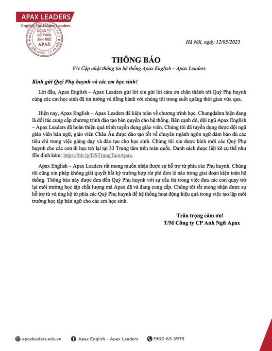 Thông báo của hệ thống Trung tâm Anh ngữ Apax Leaders gửi cho phụ huynh về việc mở cửa trở lại 33 trung tâm. Thông báo của hệ thống Trung tâm Anh ngữ Apax Leaders gửi cho phụ huynh về việc mở cửa trở lại 33 trung tâm.