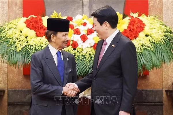 Chủ tịch nước Lương Cường và Quốc vương Brunei Darussalam Haji Hassanal Bolkiah chụp ảnh chung. Ảnh: Lâm Khánh/TTXVN