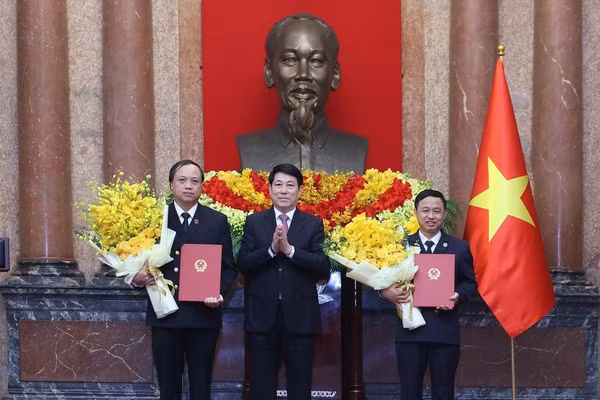 Chủ tịch nước Lương Cường trao quyết định bổ nhiệm Phó Chánh án Tòa án nhân dân Tối cao đối với các Thẩm phán Tòa án nhân dân Tối cao Lê Tiến (bìa trái) và Nguyễn Biên Thùy. Ảnh: TTXVN.