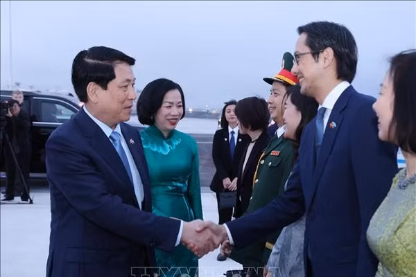 Đại sứ, Trưởng Phái đoàn Thường trực Việt Nam tại Liên hợp quốc Đỗ Hùng Việt tiễn Chủ tịch nước Lương Cường và Phu nhân tại sân bay John F. Kennedy, thành phố New York. (Ảnh: Lâm Khánh/TTXVN)