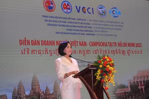 Bà Nguyễn Thị Thanh, Phó Chủ tịch Quốc hội, Chủ tịch Trung ương Hội Hữu nghị Việt Nam – Campuchia phát biểu khai mạc diễn đàn. Ảnh: VGP