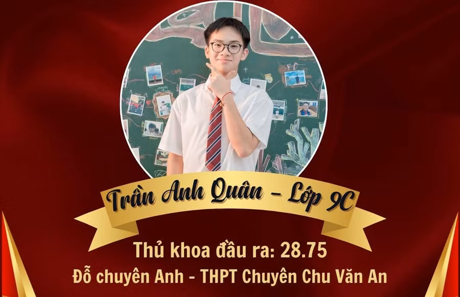 Trần Anh Quân có tổng điểm 28,75 và đỗ lớp chuyên Anh, Trường THPT chuyên Chu Văn An.
