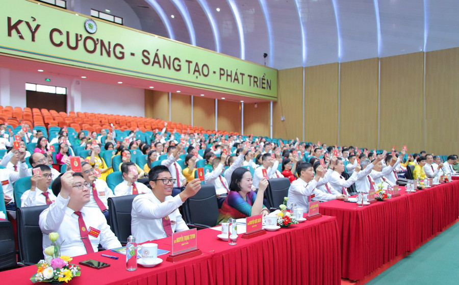Các đại biểu dự Đại hội biểu quyết thông qua nghị quyết đại hội. hocviennongnghiep.jpg