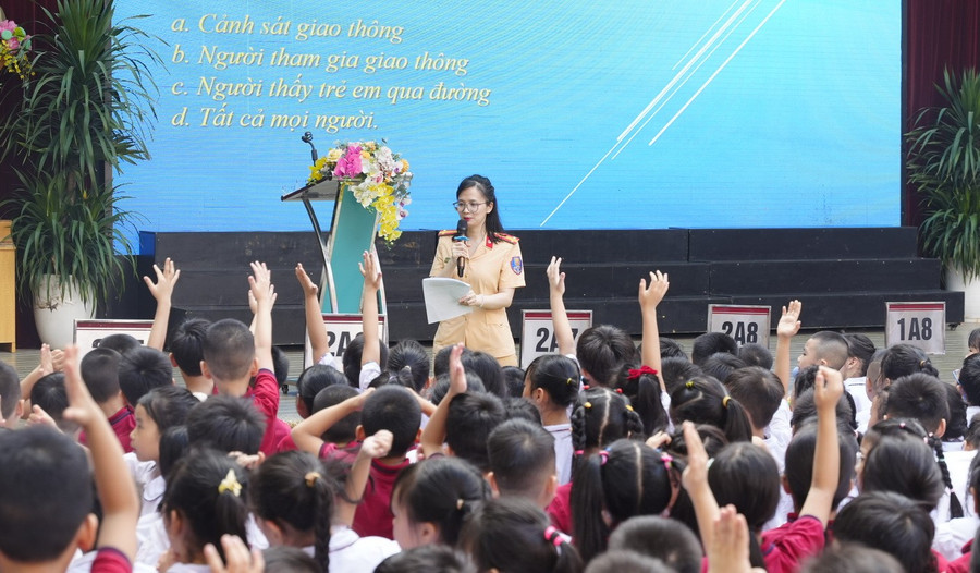 Học sinh hào hứng trả lời các câu hỏi trắc nghiệm. antoangiaothong-4.jpg