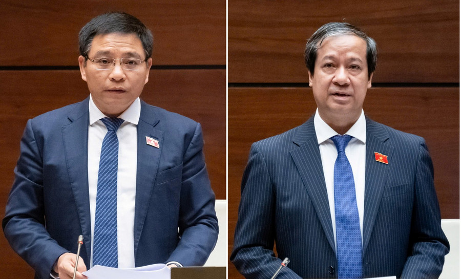 Bộ trưởng Bộ Tài chính Nguyễn Văn Thắng (trái) và Bộ trưởng Bộ GD&ĐT Nguyễn Kim Sơn. Ảnh: TT